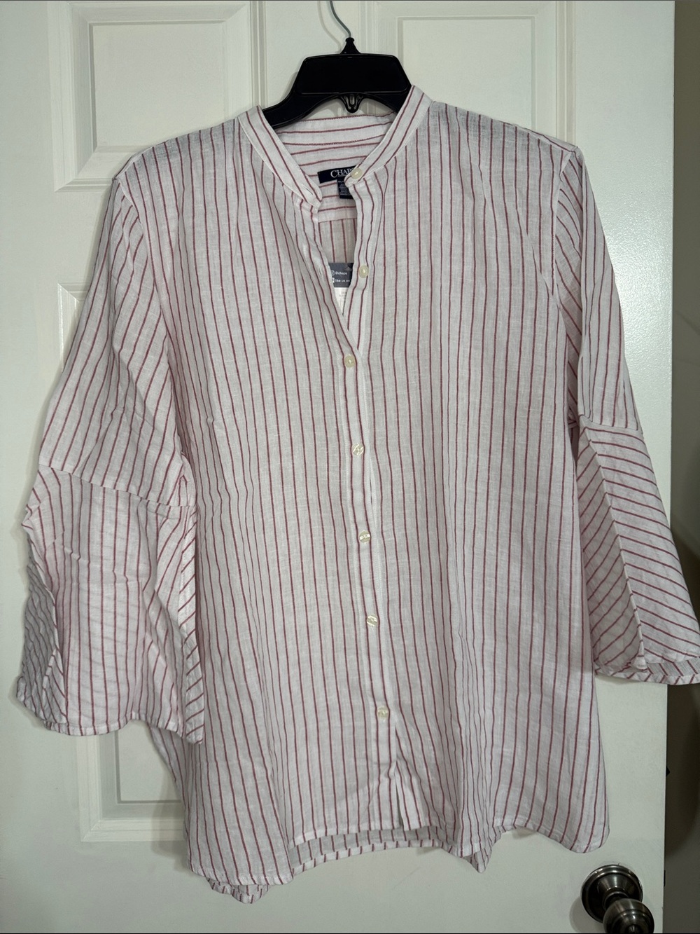 Chaps Women's White Button-Down Shirt with Red Pinstripes and Bell Sleeves